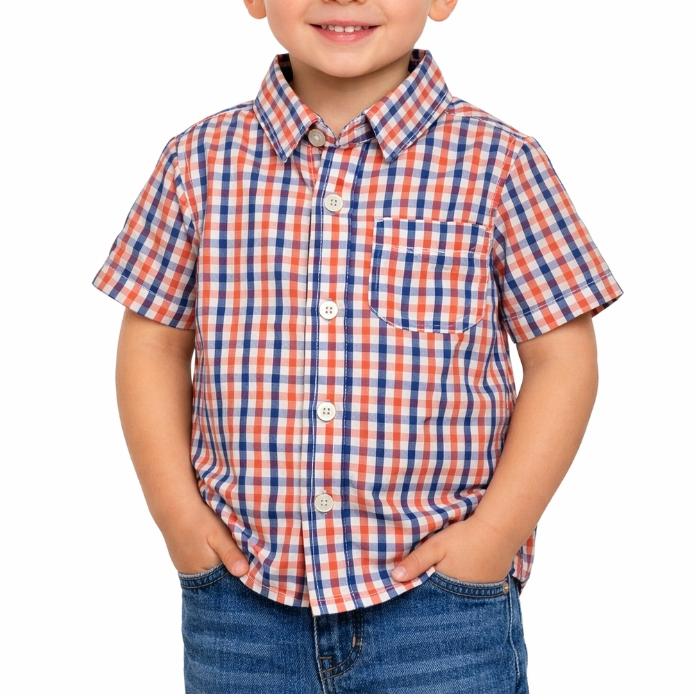 Boys Plaid Button Up Shirt Size 3T Short Sleeve Orange‎ Blue